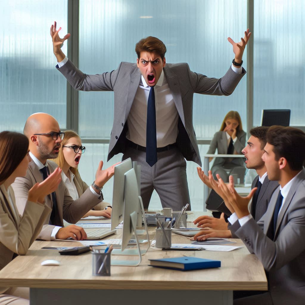 A boss shouting at his employees who are sitting at their office desks in a toxic workplace environment.png